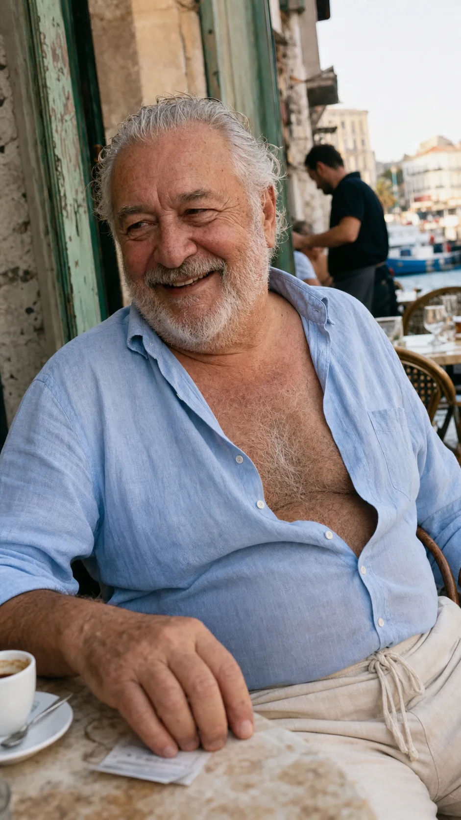 A gent laughing over espresso at a French harbour café