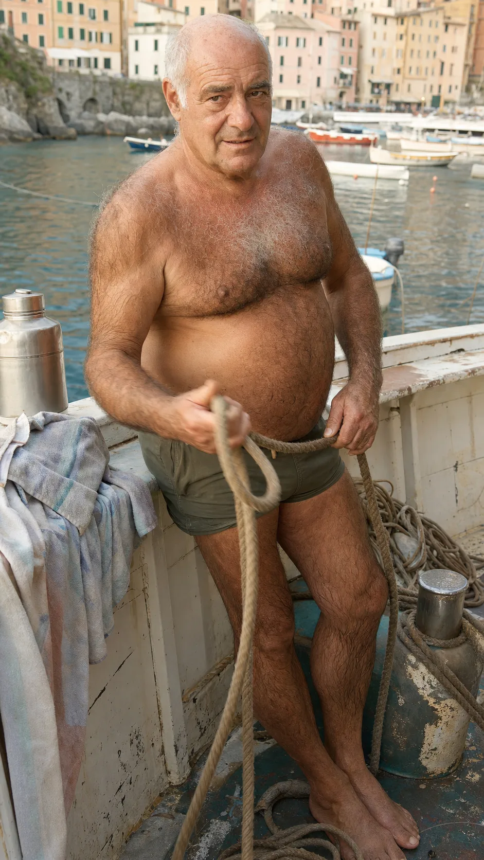 A gent coiling rope on a boat in a Ligurian harbour